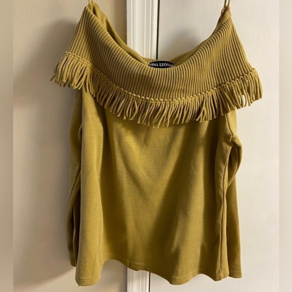 Nina Leonard QVC Mustard Knit Top off shoulder fringed Medium New